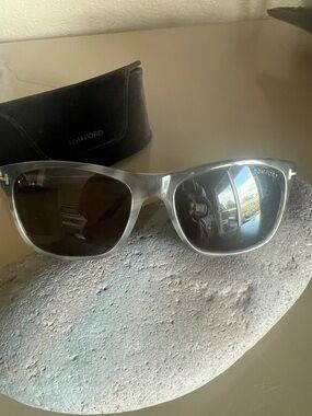 Tom Ford Transparent Gray Frame Sunglasses with Dark Lenses, brown blush case